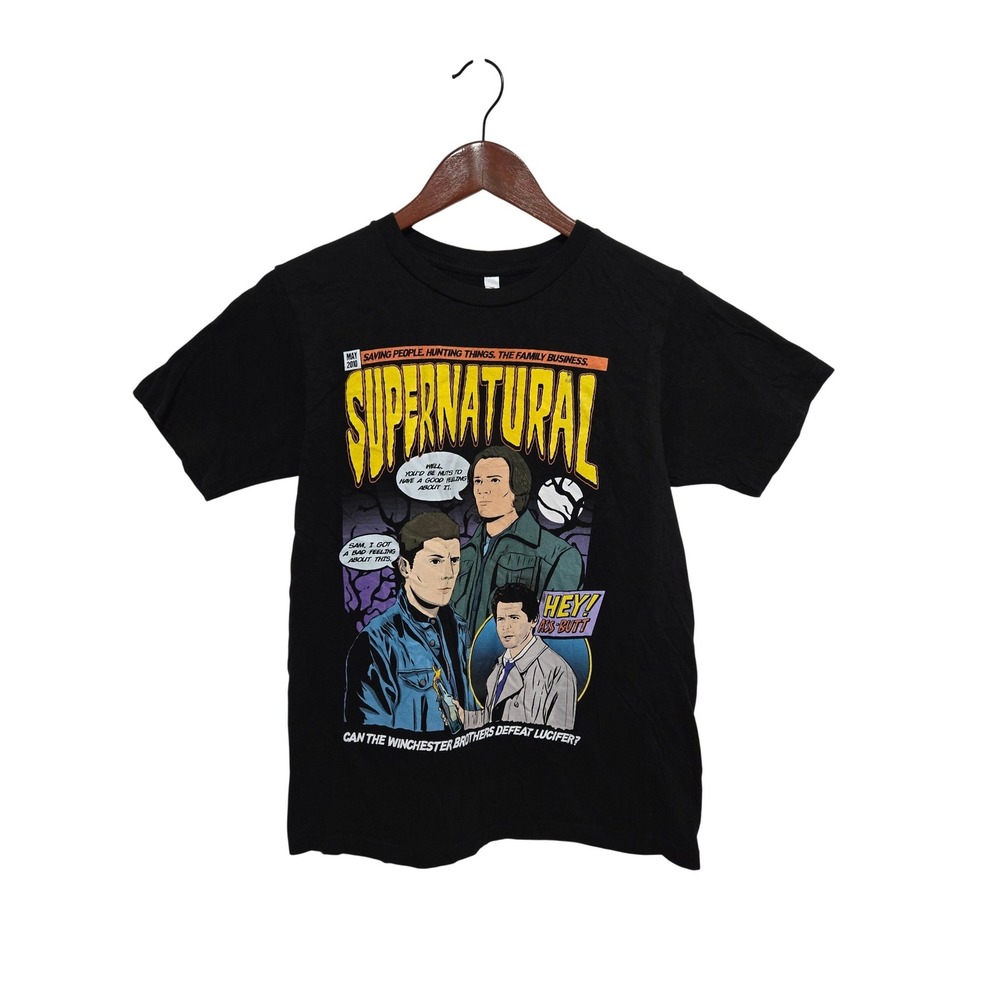 Supernatural Mens Graphic T-Shirt Black Comic Book Style Winchesters Castiel S